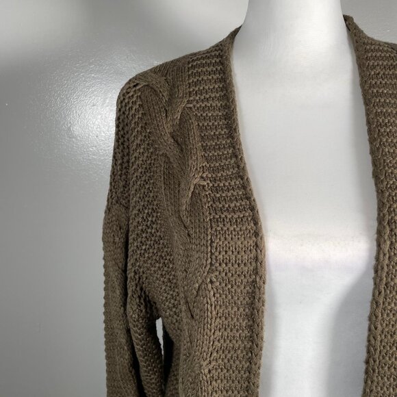Olive Green Shawl Neck Open Front Waffle Cable Knit 3/4 Sleeve Cardigan L - Picture 4 of 11